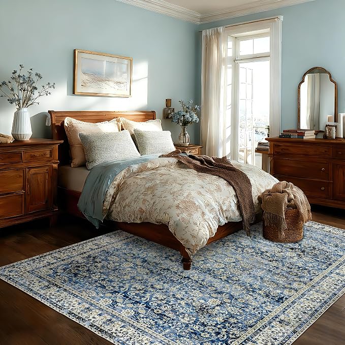 Blue Area Rugs 5x7 Vintage Boho Flower Distressed Low Pile Rug with Rubber Backing Dark Blue Non Slip Stain Resistant 5x7 Washable Rug for Living Room Bedroom Dining Room Carpet for Under Table