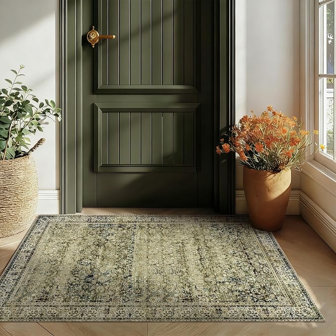 BILEEHOME Throw Rugs 2x3,Non Slip Washable Vintage Floral Boho Accent Soft Thin Small Area Rug for Sink Area Bathroom Bedroom 24 x 36,Olive Green and Beige