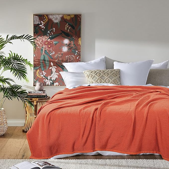 TreeWool Premium 100% Cotton Waffle Summer King Blanket (90"x108", Rust) | 420 GSM Breathable Lightweight Moisture Wicking Soft Knit Thermal Blanket for Bed or Sofa All-season Comfort Machine Washable
