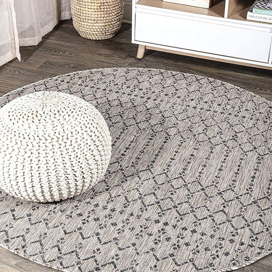 JONATHAN Y Moroccan Geometric Indoor Outdoor Round Area Rug 6 Ft Natural/Black, Ourika Textured Weave for Backyard, Patio, Porch, Easy-Cleaning, High Traffic Pet-Friendly, Non-Shedding SMB108D-6R