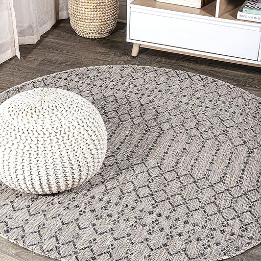 JONATHAN Y Moroccan Geometric Indoor Outdoor Round Area Rug 9 Ft Light Gray/Black, Ourika Textured Weave for Backyard, Patio, Porch, Easy-Cleaning, High Traffic Pet-Friendly, Non-Shedding SMB108E-9R