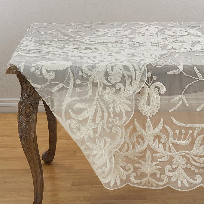 SARO LIFESTYLE AN01.I84S Embroidered Scalloped Sheer Tablecloth, 84", Ivory