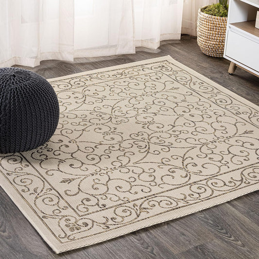 JONATHAN Y Vintage Filigree Indoor Outdoor Square Area Rug 4X4 Beige/Brown, Charleston Textured Weave for Backyard, Patio, Porch, Easy-Cleaning, High Traffic, Pet-Friendly, Non-Shedding (SMB106A-4SQ)