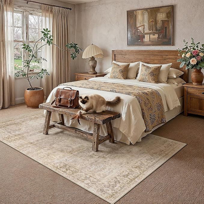 6x9 Washable Neutral Area Rug Beige Vintage Living Room Bedroom Carpet Non-Slip Soft Low Pile Oriental Indoor Throw Rug for Dining Room Entryway Office