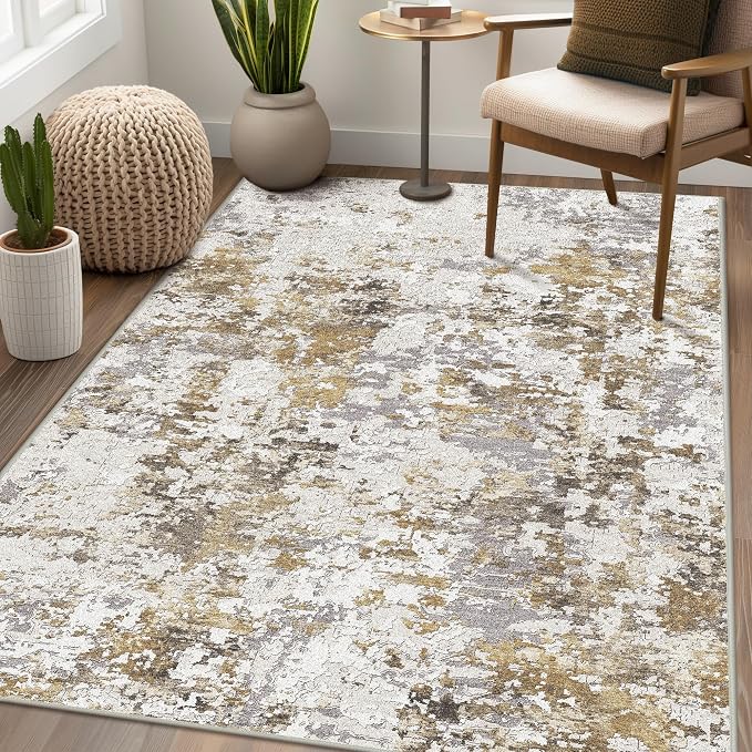 BEIMO Area Rugs 8x10 for Living Room Bedroom, Modern Abstract Machine Washable Rug, Large Soft Low Pile Floor Carpet with Non Slip Backing for Dining Room, Gold Brown