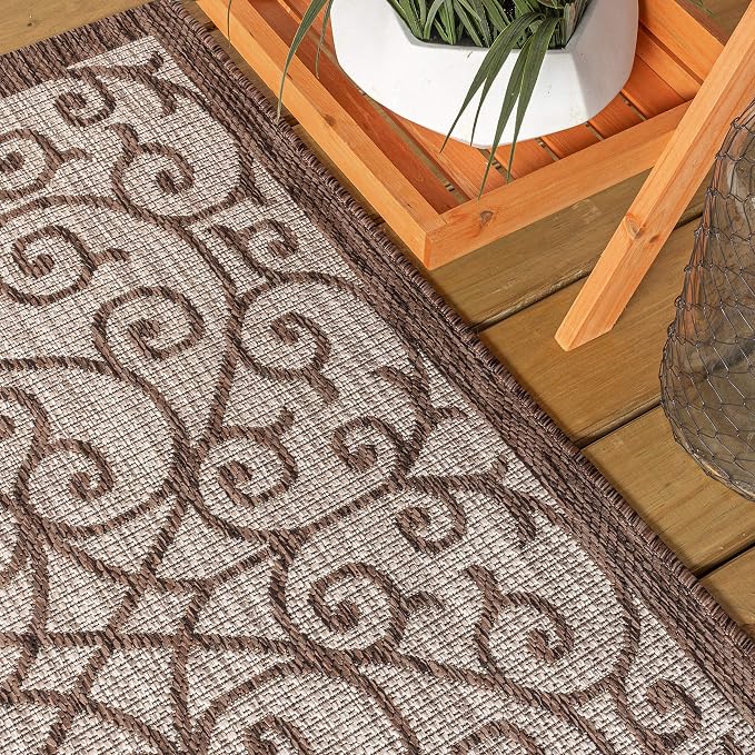 JONATHAN Y Vintage Filigree Indoor Outdoor Round Area Rug 8 Ft Taupe/Espresso, Madrid Textured Weave for Backyard, Patio, Porch, Easy-Cleaning, High Traffic, Pet-Friendly, Non-Shedding (SMB107C-8R)