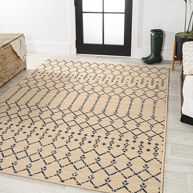 JONATHAN Y Moroccan Geometric Indoor Outdoor Area Rug 5X8 Beige/Navy, Ourika Textured Weave for Backyard, Patio, Porch, Easy-Cleaning, High Traffic, Pet-Friendly, Non-Shedding (SMB108H-5)