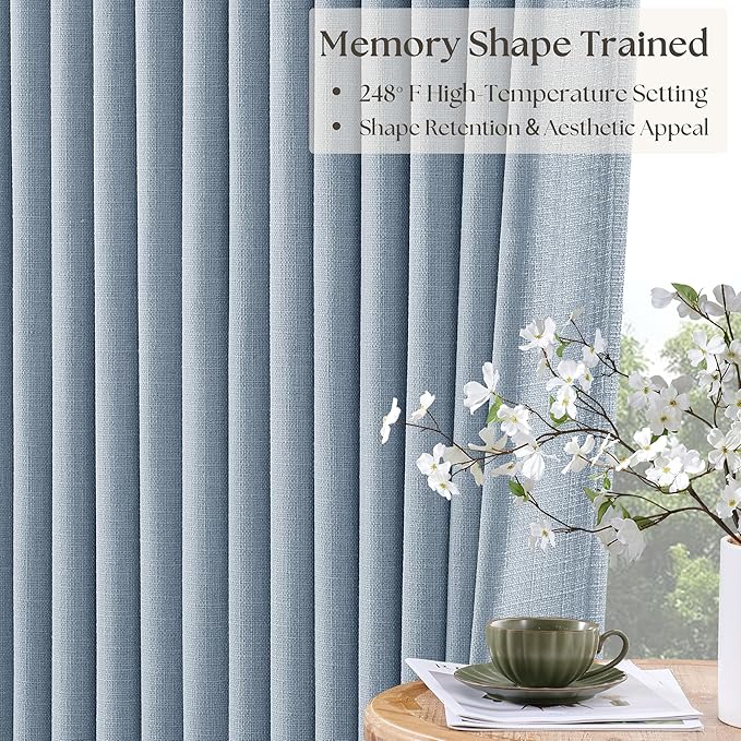 Blue Pinch Pleated Blackout Bedroom Curtains 108 Inches Long for Kids Baby 100% Black Out Thick Linen Dual Layer Pleated Drapes Coastal Light Dusty Blue 108 Inch Curtain for Dining Living Room
