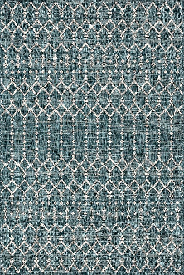 JONATHAN Y Moroccan Geometric Indoor Outdoor Area Rug 4X6 Teal/Gray, Ourika Textured Weave for Backyard, Patio, Porch, Easy-Cleaning, High Traffic, Pet-Friendly, Non-Shedding (SMB108C-4)