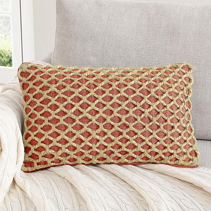 Boho Living Jada Premium Woven Design, Decorative Throw, Living Room Décor, (1) 12" x 20" Pillow Cover with Insert, Rust