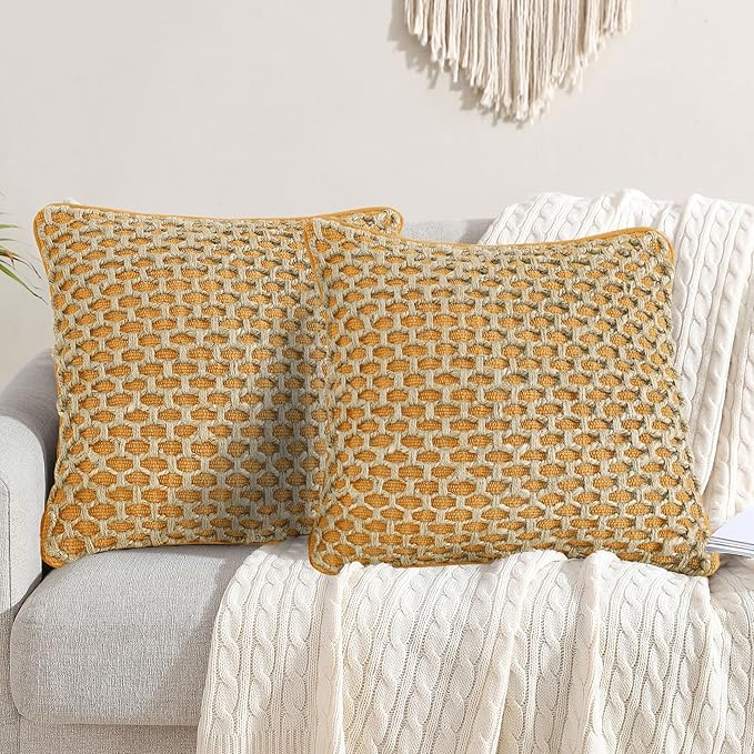 Boho Living Jada Premium Woven Design, Decorative Throw, Living Room Décor, (2) 20" x 20" Pillow Covers, Mustard Yellow 2 Count