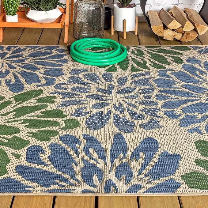JONATHAN Y Floral Textured Weave Indoor Outdoor Area Rug 3X5 Navy/Green, Zinnia Modern for Backyard, Patio, Porch, Easy-Cleaning, High Traffic, Pet-Friendly, Non-Shedding (SMB110B-3)