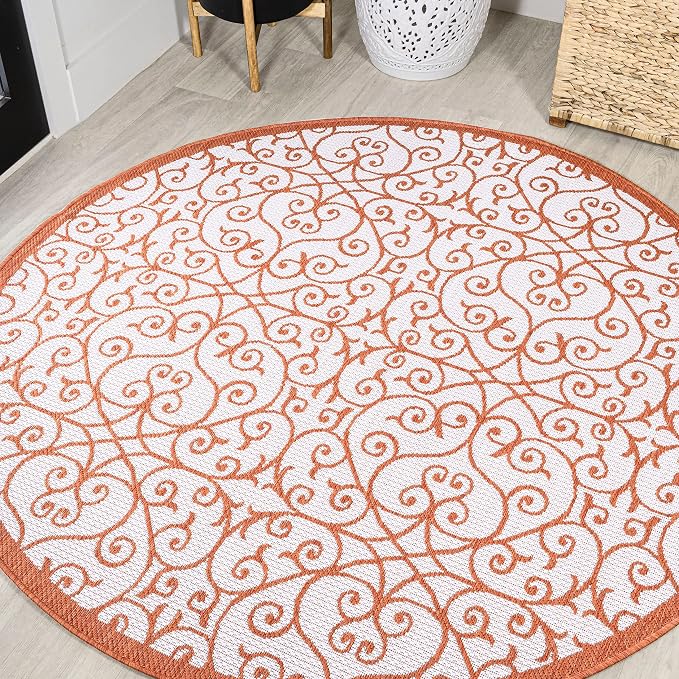JONATHAN Y Vintage Filigree Indoor Outdoor Round Area Rug 5 Ft Cream/Orange, Madrid Textured Weave for Backyard, Patio, Porch, Easy-Cleaning, High Traffic, Pet-Friendly, Non-Shedding (SMB107L-5R)