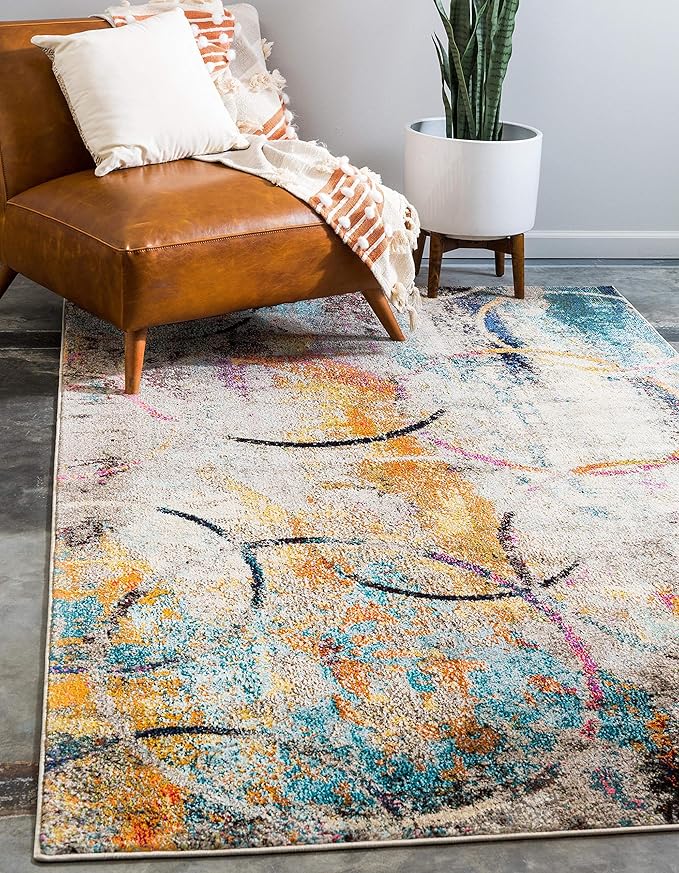 Unique Loom Chromatic Collection Modern Rustic & Vibrant Abstract Area Rug For Any Home Décor (8' 0 x 10' 0 Rectangular, Beige/ Blue)
