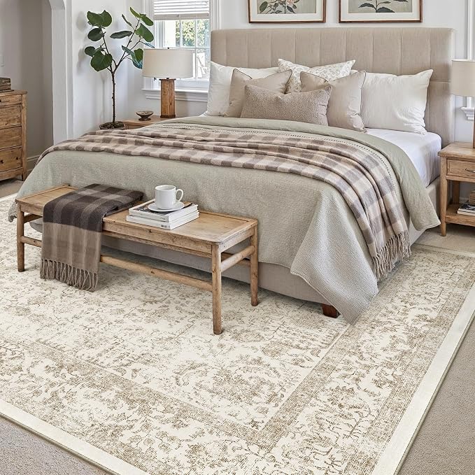 PureCozy Light Brown Area Rug 8x10 Machine Washable Large Vintage Living Room Distressed Non Slip Carpet Traditional Indoor Bedroom Retro Floral Accent Throw Rug for Office Kitchen Dining Room