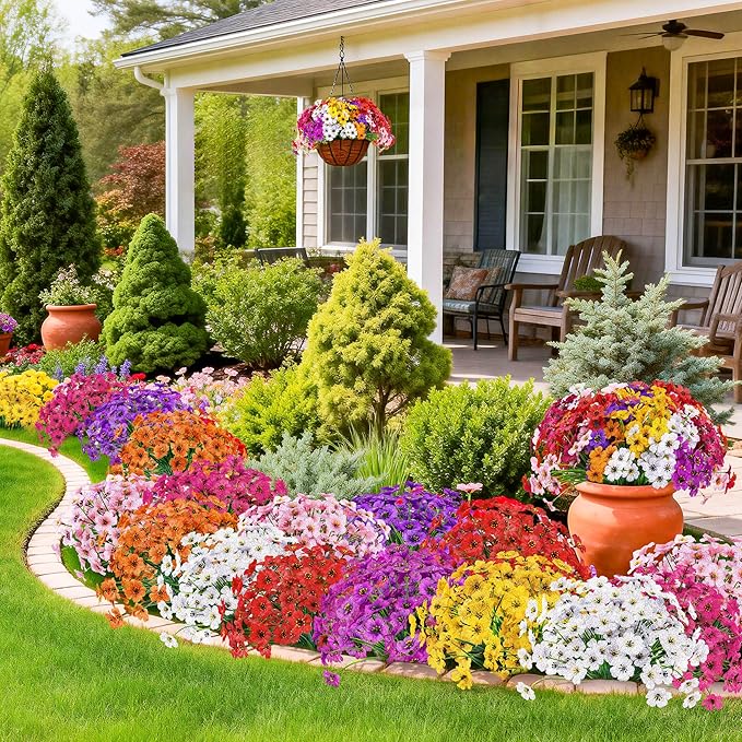 Der Rose 24 Bundles Artificial Flowers for Outdoor UV Resistant Faux Plants Spring Flowers for Outdoor Planters Wedding Home Garden Patio Porch Decor (8 Colors)