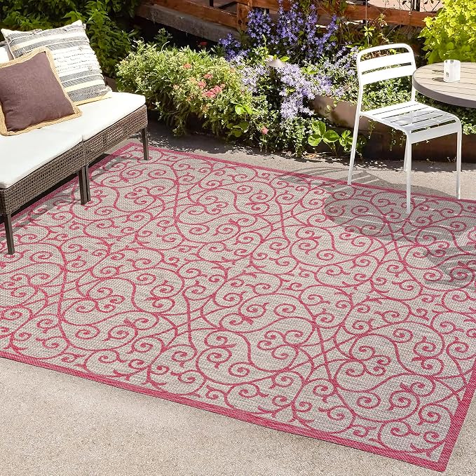 JONATHAN Y Vintage Filigree Indoor Outdoor Area Rug 8X10 Light Gray/Fuchsia, Madrid Textured Weave for Backyard, Patio, Porch, Easy-Cleaning, High Traffic, Pet-Friendly, Non-Shedding (SMB107I-8)