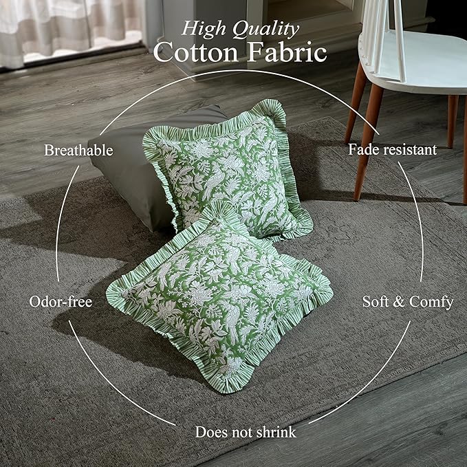 CPC Olive Green Ruffle Throw Pillow Covers for Couch, 18x18 Inch Cotton Stripe Ruffle Couch Pillows for Living Room, Hidden 14 Inch Zipper Boho Pillow Case or Cute Outdoor Pillows