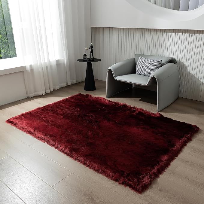Faux Fur Rug Burgundy Sheepskin Area Rug,Ultra Soft 4x6 ft Rectangular Shaggy Plush Rug for Bedroom Sofa Floor Bedside Living Room Kids Room