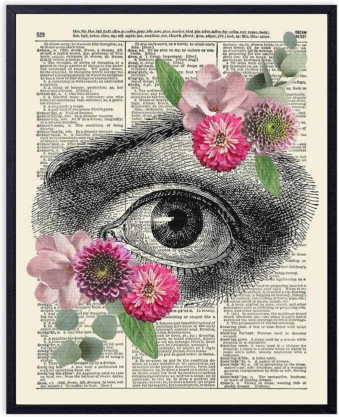 VintBo, Anatomy with Flowers and Eucalyptus, Vintage Dictionary Art Print, Modern Contemporary Wall Art For Home Decor, Boho Poster, Country Farmhouse Decor 8x10 Inches, Unframed (Eye)
