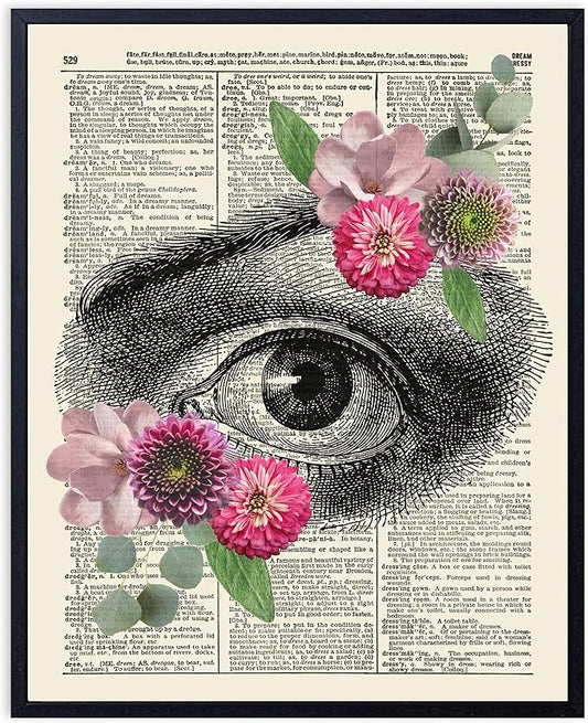 VintBo, Anatomy with Flowers and Eucalyptus, Vintage Dictionary Art Print, Modern Contemporary Wall Art For Home Decor, Boho Poster, Country Farmhouse Decor 8x10 Inches, Unframed (Eye)