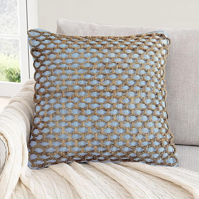 Boho Living Jada Decorative Throw, (1) 20" x 20" Pillow Cover with Insert, Light Blue