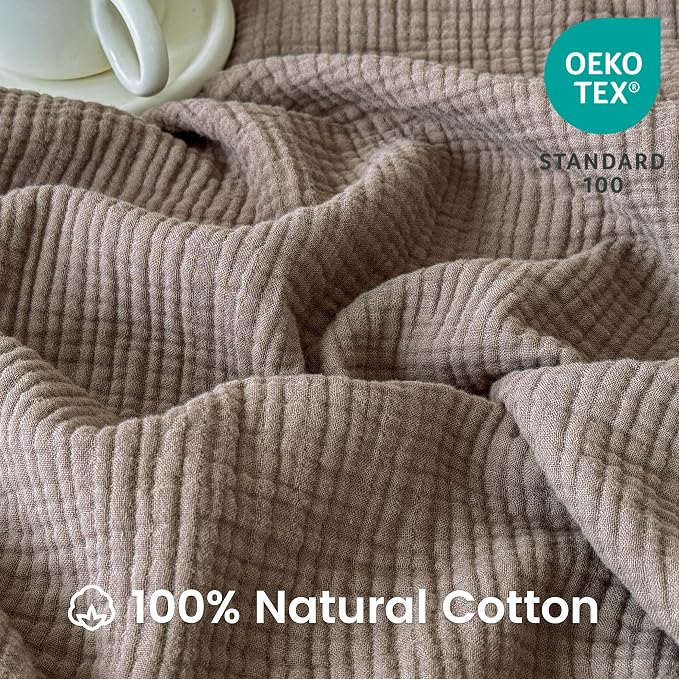 FALUCA Cotton Muslin Cooling Reversible Blanket Twin Size for Bed, Couch, Four Layers Blanket, Soft Lightweight Cozy Breathable Farmhouse Decoration for Summer, Brown