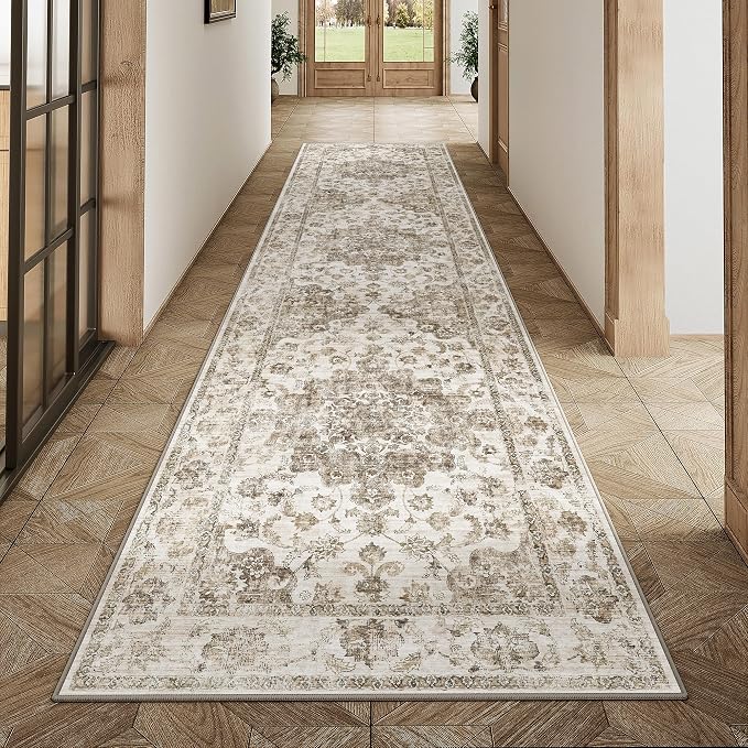 2x8 Washable Neutral Runner Rug Brown Vintage Hallway Kitchen Carpet Non-Slip Soft Low Pile Farmhouse Throw Rug for Bedroom Bathroom Laundry Living Room