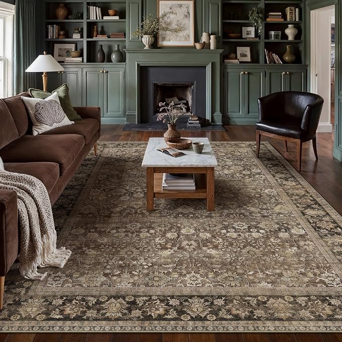 HUGEAR 9x12 Machine Washable Rugs Brown Hallway Large Area Rug Indoor Accent Rug Floral Low Pile Carpet Soft Throw Aesthetic Rug Bedroom Living Room Office Dining Room Kitchen Laundry Room