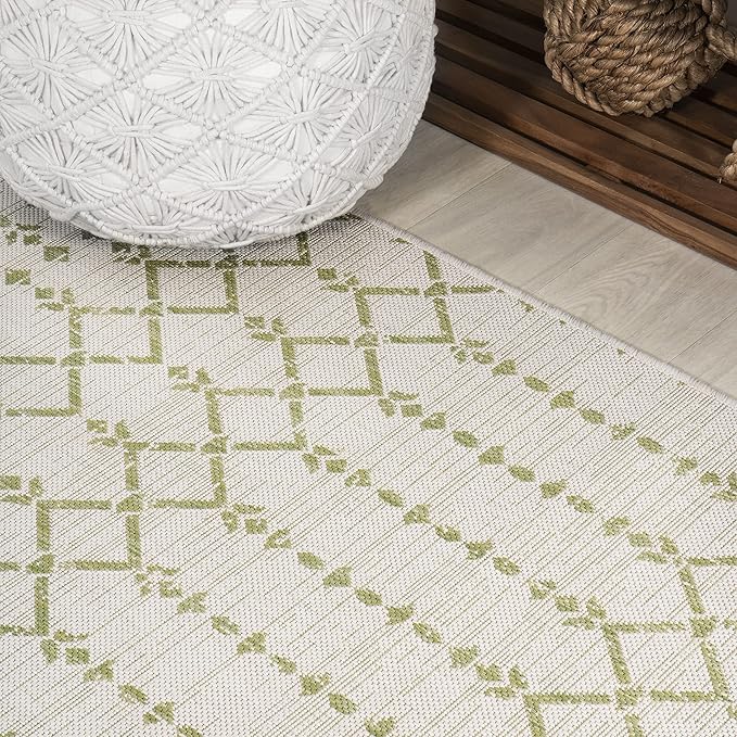 JONATHAN Y Moroccan Geometric Indoor Outdoor Runner Rug 2X10 Cream/Green, Ourika Textured Weave for Backyard, Patio, Porch, Easy-Cleaning, High Traffic, Pet-Friendly, Non-Shedding (SMB108M-210)