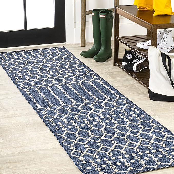 JONATHAN Y Moroccan Geometric Indoor Outdoor Runner Rug 2X8 Navy/Beige, Ourika Textured Weave for Backyard, Patio, Porch, Easy-Cleaning, High Traffic, Pet-Friendly, Non-Shedding (SMB108K-28)