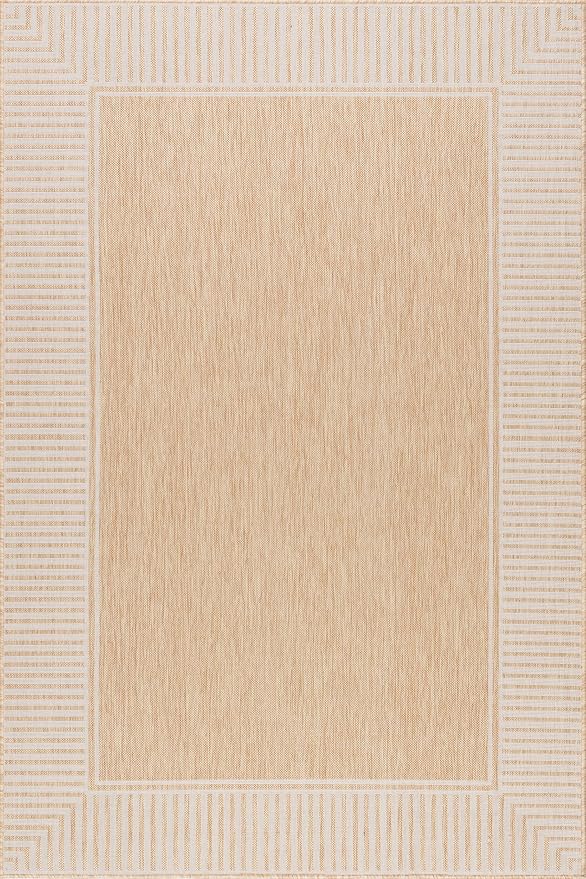 Nuloom Asha Tan/Ivory, 6'7" x 9', Casual, Striped Border, Soft and Cozy, High Traffic, Easy Clean, Durable Area Rug for Indoor/Outdoor Patio, Deck, Porch, Garden, Courtyard