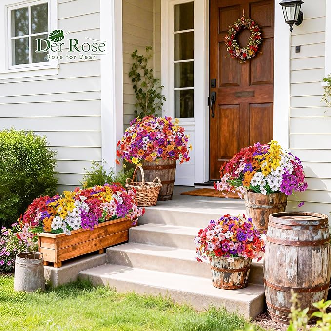 Der Rose 24 Bundles Artificial Flowers for Outdoor UV Resistant Faux Plants Spring Flowers for Outdoor Planters Wedding Home Garden Patio Porch Decor (8 Colors)