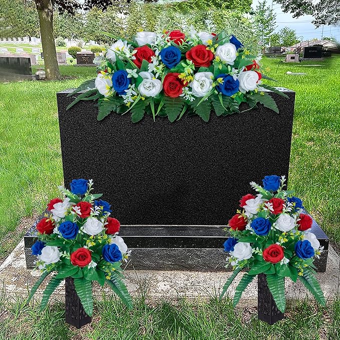 DONODA 2 Sets Artificial Cemetery Flowers， Outdoor Grave Decorations Roses，Accompanied by 2 Long Nail Vases，Lasting and Non-Bleed Colors (18 Heads (red, Blue, White))