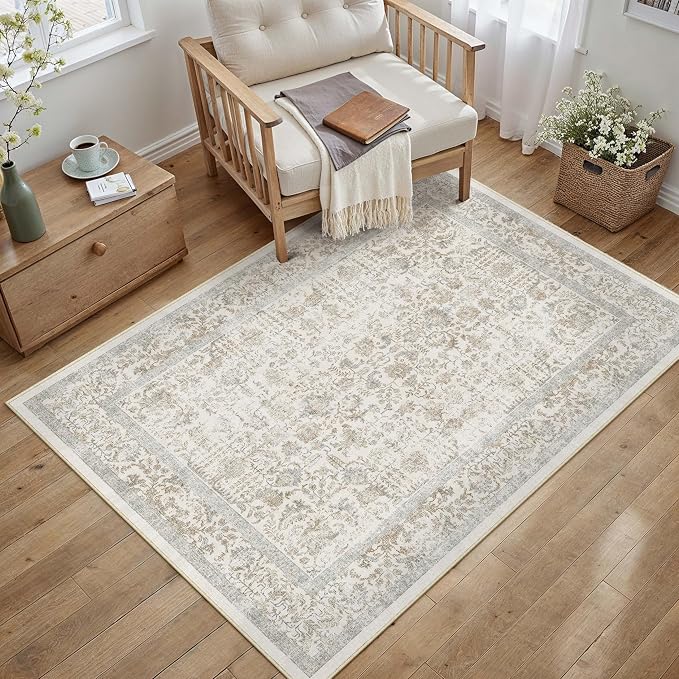 PureCozy Taupe Area Rug 3x5 Office Entryway Rug Machine Washable Kitchen Vintage Distressed Non Slip Carpet Indoor Retro Floral Accent Throw Door Mat for Bathroom Bedroom Dining Living Room