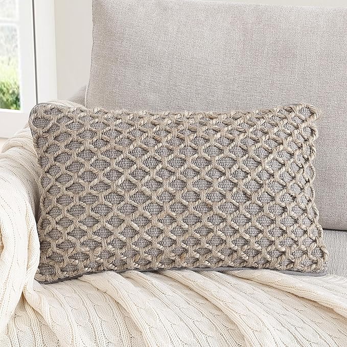 Boho Living Jada Premium Woven Design, Decorative Throw, Living Room Décor, (1) 12" x 20" Pillow Cover, Grey