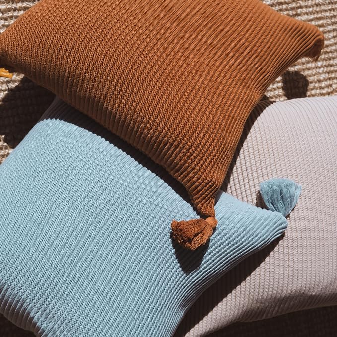 Soft Cotton Throw Pillow Cover with Ribbed Knit Texture and Tassel Corners Decorative Accent for Couch or Bed (18x18, Burnt Orange)