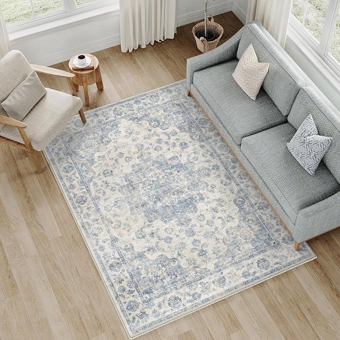 4x6 Washable Neutral Area Rug Blue Vintage Entryway Office Carpet Non-Slip Soft Low Pile Farmhouse Indoor Throw Rug for Living Room Bathroom Dining Room