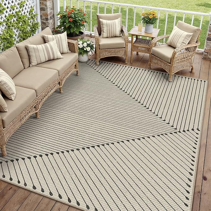 HUGEAR 8'x10' Outdoor Rug Black Geometric Waterproof Patio Rugs Linen-Look Modern Area Rug Outside Floor Mat for Camping RV Deck Porch Balcony Backyard Beach Picnic Carpet Decor