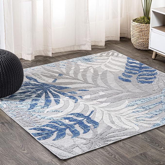 JONATHAN Y Tropics Palm Leaves Indoor Outdoor Square Area Rug 6X6 Gray/Blue | Ships Rolled, Durable Flat Weave, Lays Flat for Backyard, Patio, Porch, Easy-Cleaning, High Traffic,Pet-Friendly,Non-Shedding