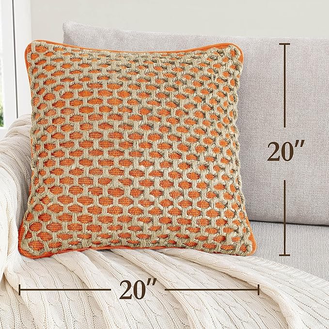 Boho Living Jada Premium Woven Design, Decorative Throw, Living Room Décor, (2) 20" x 20" Pillow Covers with Insert, Harvest Orange 2 Count