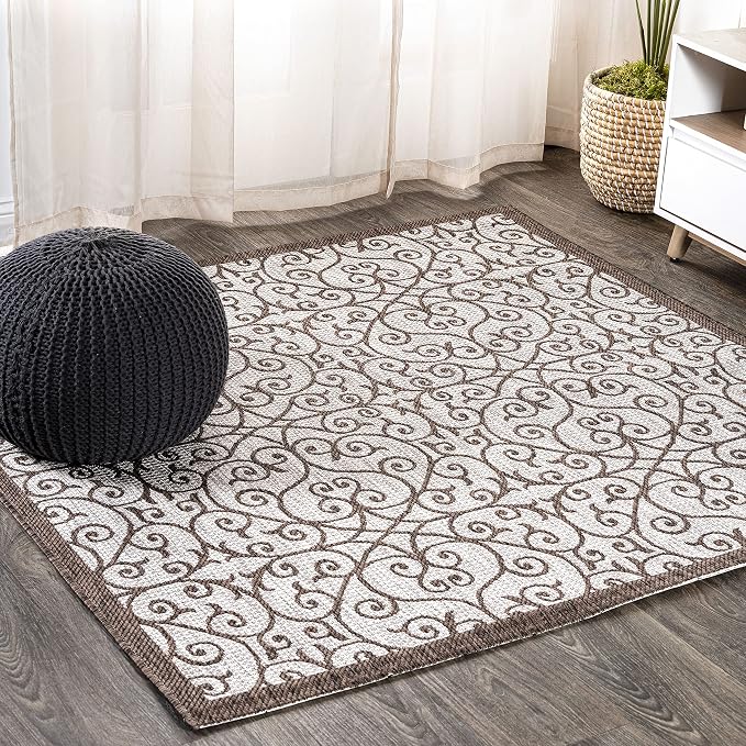 JONATHAN Y Vintage Filigree Indoor Outdoor Square Area Rug 9X9 Taupe/Espresso, Madrid Textured Weave for Backyard, Patio, Porch, Easy-Cleaning, High Traffic, Pet-Friendly, Non-Shedding (SMB107C-9SQ)