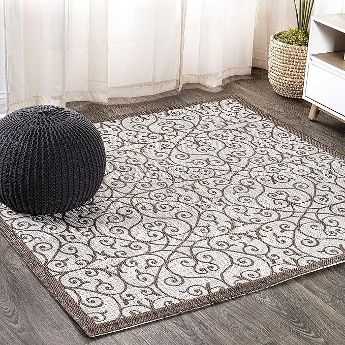 JONATHAN Y Vintage Filigree Indoor Outdoor Square Area Rug 5X5 Taupe/Espresso, Madrid Textured Weave for Backyard, Patio, Porch, Easy-Cleaning, High Traffic, Pet-Friendly, Non-Shedding (SMB107C-5SQ)