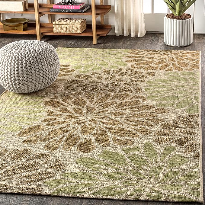 JONATHAN Y Floral Textured Weave Indoor Outdoor Area Rug 6X9 Sage/Brown, Zinnia Modern for Backyard, Patio, Porch, Easy-Cleaning, High Traffic, Pet-Friendly, Non-Shedding (SMB110A-6)