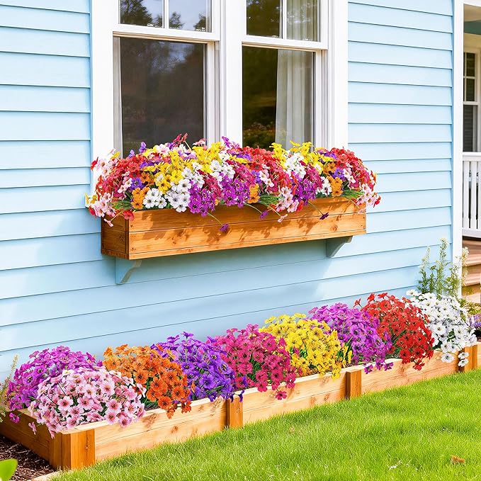 Der Rose 24 Bundles Artificial Flowers for Outdoor UV Resistant Faux Plants Spring Flowers for Outdoor Planters Wedding Home Garden Patio Porch Decor (8 Colors)