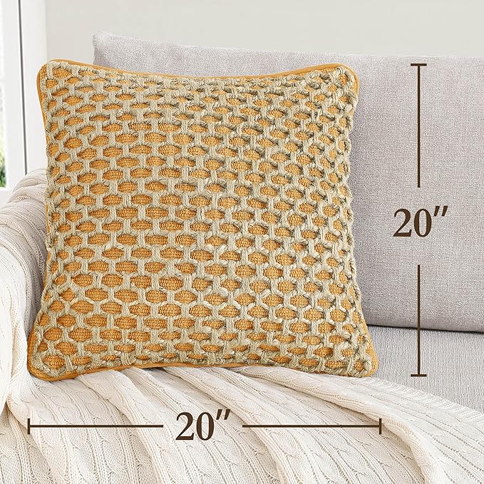 Boho Living Jada Premium Woven Design, Decorative Throw, Living Room Décor, (1) 20" x 20" Pillow Cover with Insert, Mustard Yellow