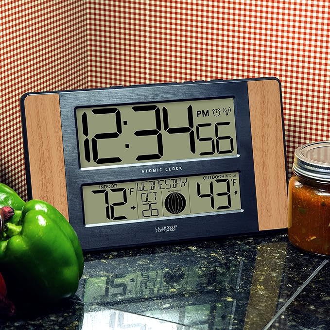 La Crosse Technology Atomic Digital Clock with Outdoor Temperature, Wood Oak, 0