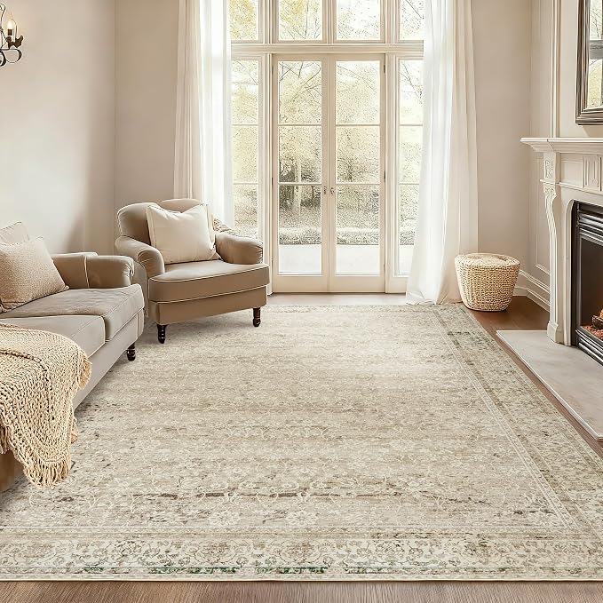 BILEEHOME Modern Farmhouse Area Rug 5 x7 Washable Floral Earth Tone Neutral Boho Nursery Rug 5x7 for Baby Boy Bedroom,Tan Brown and Cream Beige