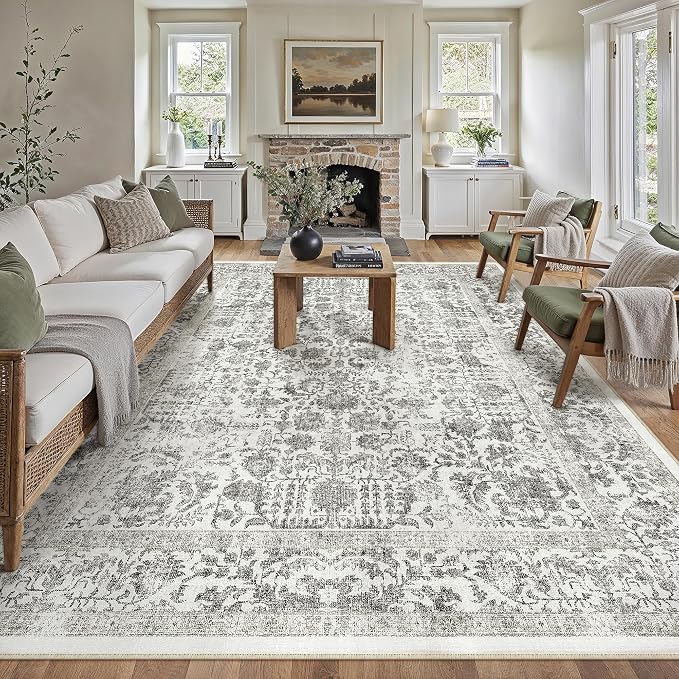 PureCozy Black Area Rug 10x12 Machine Washable Large Vintage Living Room Distressed Non Slip Carpet Traditional Indoor Bedroom Grey Retro Floral Accent Throw Rug for Office Kitchen Dining Room