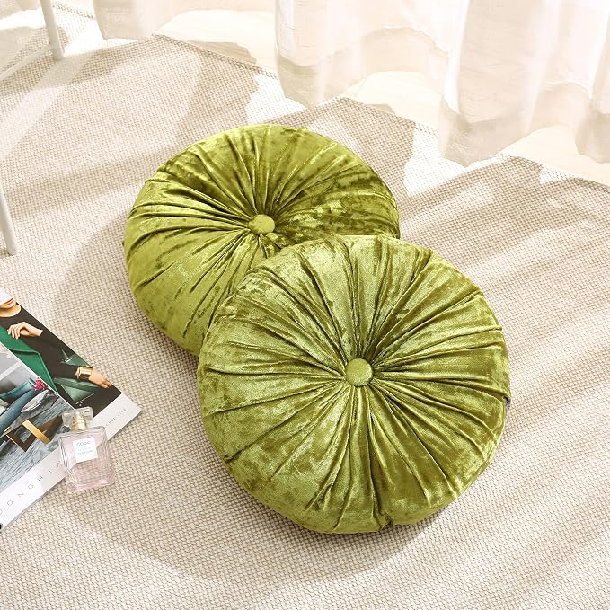 Verpert Pack 2：Round Floor Cushions Pillow, Solid Color Velvet Meditation Cushion Pumpkin Pleated Meditation Pillow for Home Sofa Bed Car Decor Floor Pillow Cushion Green